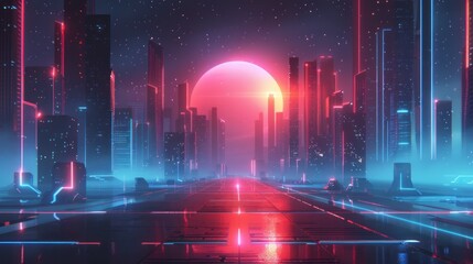Neon city skyline at dusk with futuristic elements