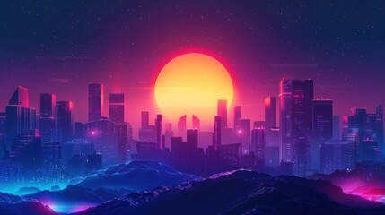 Fototapeta premium Sunset over futuristic cityscape with glowing buildings