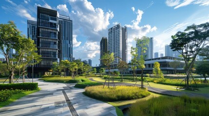A modern urban park surrounded by high-rise buildings