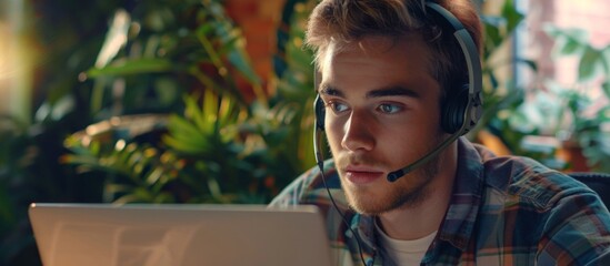 Young Man Working From Home With a Headset and Laptop
