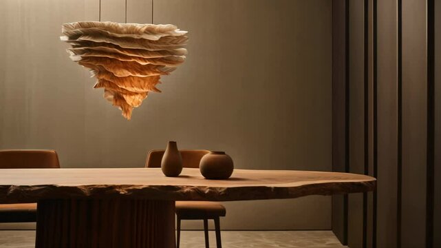 Modern layered textures lamp, dining table, wabi sabi interior design	
