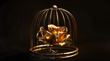 Golden Rose and Jewelry in Elegant Birdcage on Black Background