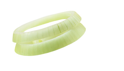 Falling onion rings isolated on white background.  Levitating onion pieces, macro. Flyinf onions.