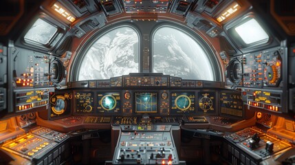 Obraz premium A futuristic spaceship control room with large windows showing Earth from orbit.