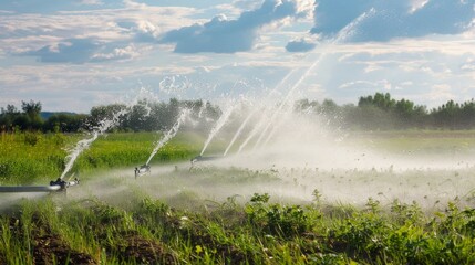 Sprinkler system watering green grass field on sunny day