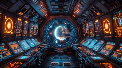 Obraz premium A futuristic control room with advanced technology monitors the flight of a space tour, showcasing Earth through a large window.