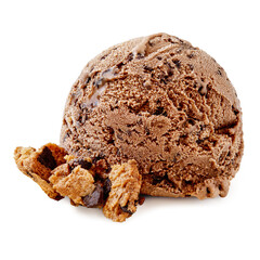 Chocolate ice cream ball isolated on white background. Scoop of ice-cream with chocolate chip cookies close up.