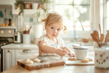 Little girl baking in sunlit kitchen, focused child making cookies, warm and cozy, family bonding, baking concept