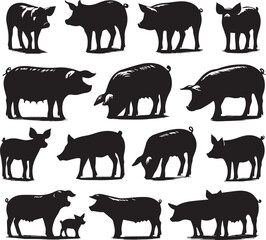 Pig silhouette vectors on a white page high quality high resolution, black color isolated on white background