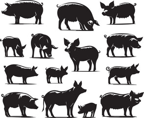 Pig silhouette vectors on a white page high quality high resolution, black color isolated on white background