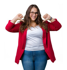 Beautiful plus size young business woman wearing elegant jacket and glasses over isolated...