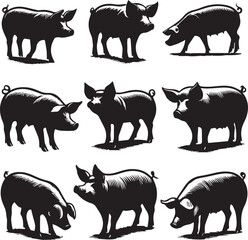 Pig silhouette vectors on a white page high quality high resolution, black color isolated on white background