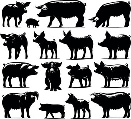 Pig silhouette vectors on a white page high quality high resolution, black color isolated on white background