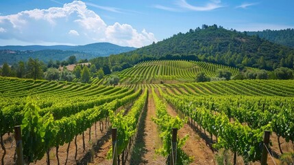Fototapeta premium Vineyard rows in tuscany's rolling hills on a sunny day