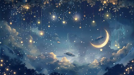 Whimsical Night Sky Birthday Background with Twinkling Stars and Crescent Moon Decorations
