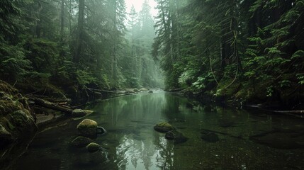 Calm river flows through a dense forest with mist rising in the early morning light