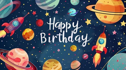 Vibrant Space-Themed Happy Birthday Background with Planets, Stars, and Rockets - Ideal for Cards and Posters
