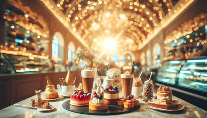 Radiant bokeh background with gourmet desserts and specialty coffee drinks in an elegant patisserie