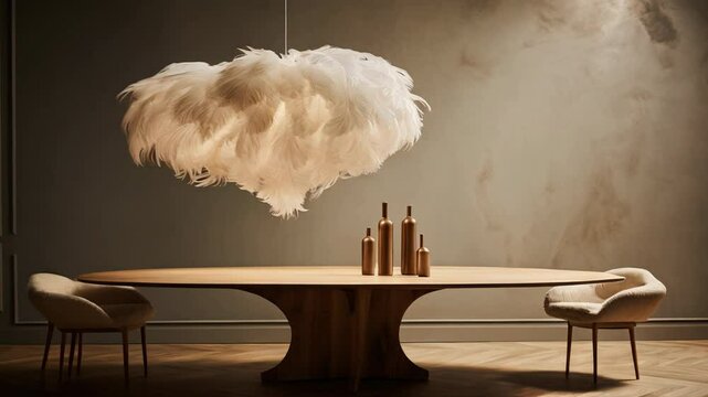 Modern layered textures lamp, dining table, wabi sabi interior design	
