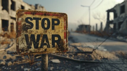 A rusty road sign with the message Stop War stands in the middle of a destroyed city street.
