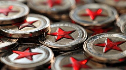 A pile of coins with a red and white star on them