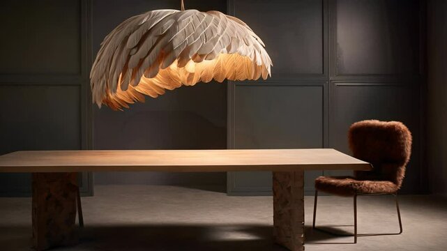 Modern layered textures lamp, dining table, wabi sabi interior design	

