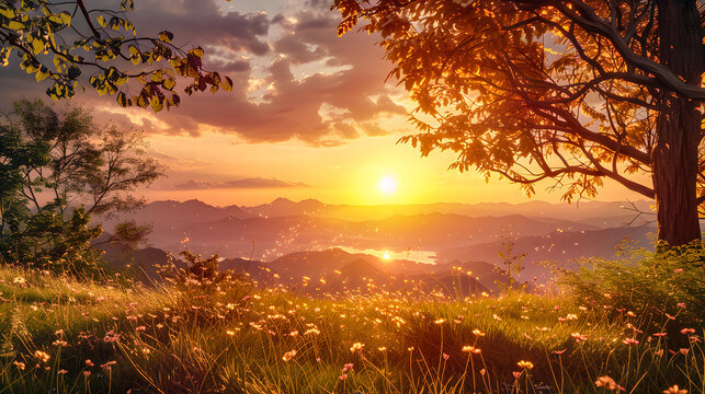 Paysage de campagne  au coucher du soleil