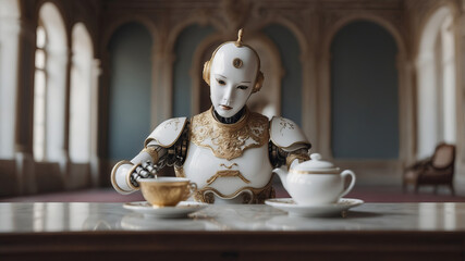 A sophisticated android robot drinks English tea in the royal palace.