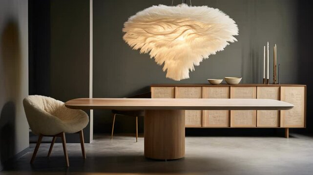 Modern layered textures lamp, dining table, wabi sabi interior design	
