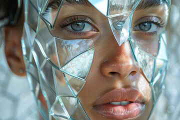 An abstract image of a woman's face fragmented in multiple small mirrors, creating a kaleidoscopic effect on a light gray background.