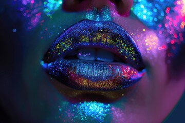 Close-up of vibrant lips adorned with neon makeup. Fashion concept.