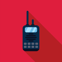 Portable handheld two way radio transceiver is shown transmitting on a red background © anatolir