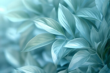 An abstract art background featuring soft, flowing lines of greenery blending into a pastel blue backdrop,