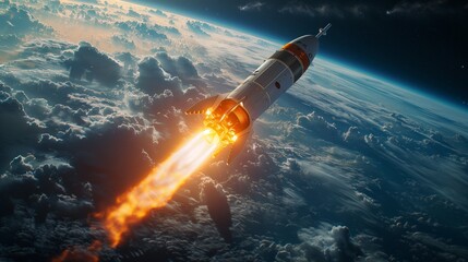 Fototapeta premium A spacecraft blasts off into space, leaving a fiery trail through the atmosphere and a view of the Earth below.