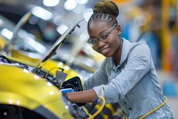 Naklejka premium Young African American woman learning about green energy electric vehicle battery pack and connection technology