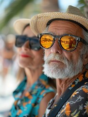 Elderly intelligent couple in love spending time romantically on the beach near the sea, walking holding hands and gently hugging.