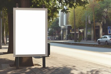 Fototapeta premium White mockup street board template on a pedestrian walkway with an empty advertisement panel on an urban road Space for your design