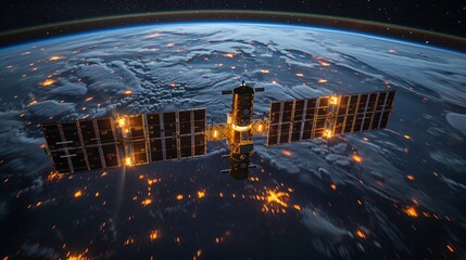 A sleek satellite orbits Earth, recording city lights at night. Its solar panels shine against the starry sky.