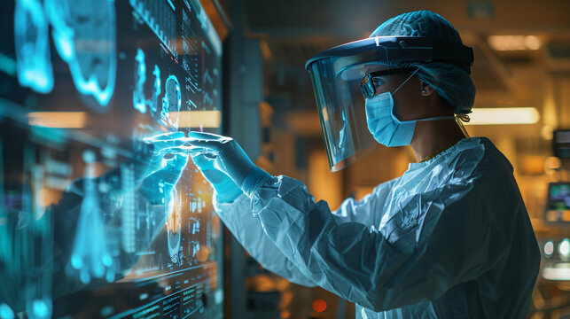 Medical Professional Interacting with a Futuristic Interface