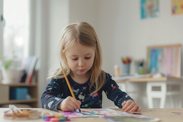Little girl drawing at a table in a cozy home with daylight, childhood creativity concept
