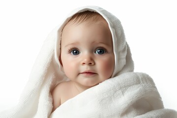 White studio shot of cute baby girl with towel post bath