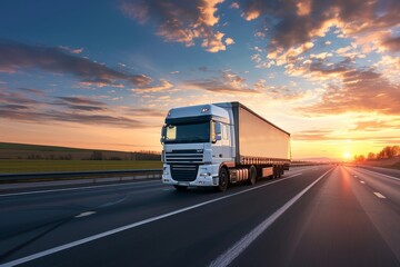 White truck on highway business commercial cargo transport concept beautiful sunset sky clear space side view