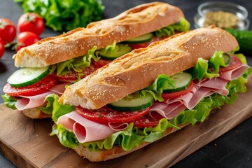 Whole wheat bread sandwich with roast beef cucumber and arugula captured from above