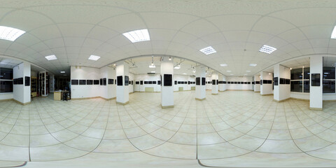 360 panorama in hall room of exhibition gallery with empty frames for paintings in equirectangular...