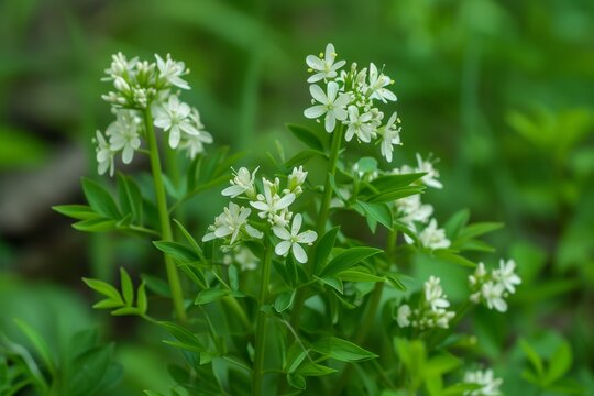 Wild bedstraw Galium odoratum blooms in spring in the forest