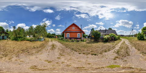 360 hdri panorama near wooden home or homestead building in forest in full seamless spherical equirectangular projection, ready AR VR virtual reality content