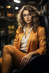 Confident woman in yellow suit sitting on sofa