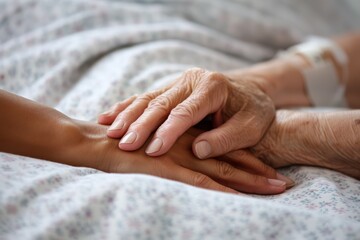 Woman s hand holding sleeping mother s hand in hospital bed