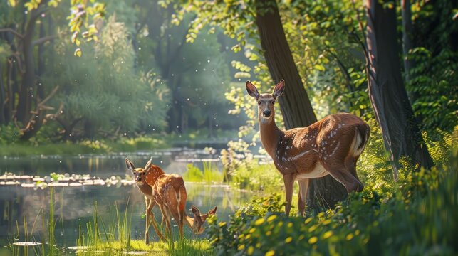 Deers in the forest. Deer in a green forest with a lake. Deer in a lake. Spring time forest with wildlife in it. Deers. Wildlife in the woods