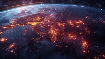 A visualization of satellite communication pathways over Europe at night, showcasing the network of connections spanning the continent.